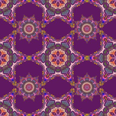 El yapımı etnik doku, hayal gücünün uçuşu. Vektör çizimi. Mor, turuncu ve mavi renklerde kusursuz soyut kabile deseni.