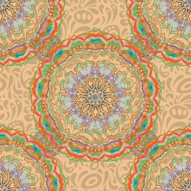 Vektör çizimi. Yeşil, mor ve kahverengi renkte. Ikat damaske desensiz arkaplan fayansı.