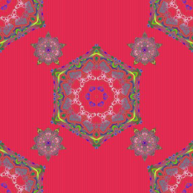 Ikat damaske desensiz arkaplan fayansı. Vektör çizimi. Mavi, yeşil ve mor renklerle.