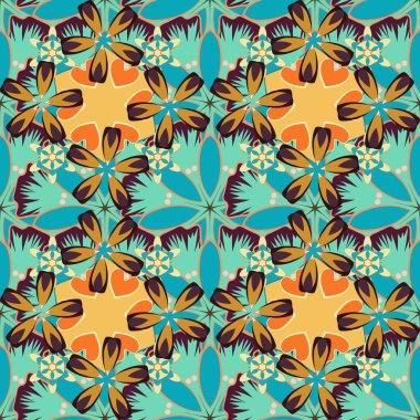 Mavi, sarı ve yeşil tekrarlayan elementlerle klasik, dikişsiz desen. Doğulu soyut klasik desen.