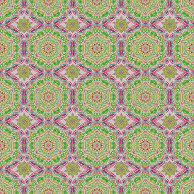 Nötr retro arka planda çok renkli yıldızlar pürüzsüz desen oluşturuyor. Duvar kağıdı, Noel süsü, konfeti, tekstil, ambalaj için soyut parlak renkli tasarım. Tatil sembolü.