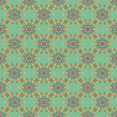 Doğulu süslemesiz desen. İslami vektör katırlı tasarım. Çiçek motifli Motley fayanslar. Turuncu ve pembe renkli tekstil baskısı.