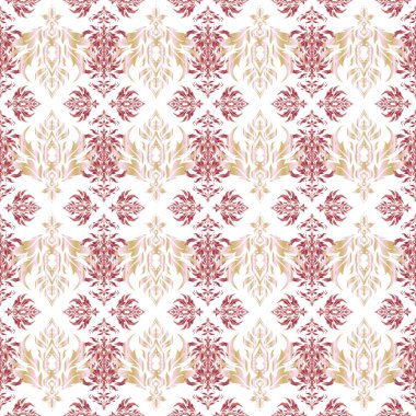 Kırmızı ve pembe parıltılı süsler beyaz arka planda parlayan ışıklarla. Dekoratif malzeme veya tebrik kartları için kusursuz desen.