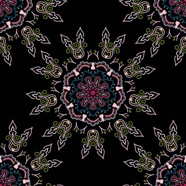 Pembe, nötr ve mavi renklerde kusursuz soyut kabile deseni. El yapımı etnik doku, hayal gücünün uçuşu. Vektör illüstrasyonu.