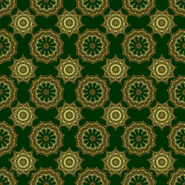 Raster kusursuz altın Noel süsü deseni. Yeşil arkaplanda parlak arkaplan çizimi.