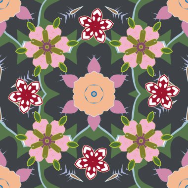 Yeşil, pembe ve gri renkli şirin çiçeklerle kusursuz desen. Vektör illüstrasyonu.