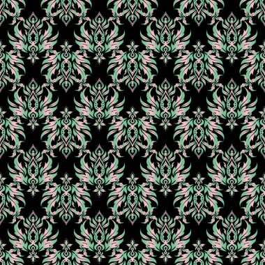 Yeşil eğimli elementlerle güzel bir artdeco şablonu. Soyut geometrik dikişsiz desen. Siyah arka planda Raster motley ızgarası. Sanat deco tarzı, modaya uygun vintage tasarım ögesi.