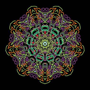 Vector vintage süsü. Kumaş, duvar kağıdı, arkaplan, davetiye, ambalaj ve kitap kapakları için tasarım. Doğulu tarzı. Damask Mandala pembe, sarı ve yeşil renklerde. El çizimi illüstrasyon.