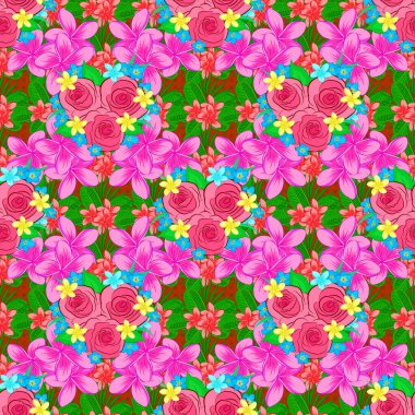 Mavi, pembe ve yeşil renklerde yeşil yapraklar ve gül çiçekleri ile soyut zariflik deseni.