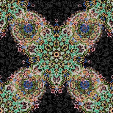 Turuncu, yeşil ve siyah renklerde yıldızsız desen. Duvar kağıdı, Noel süsü, konfeti, tekstil, ambalaj için soyut vektör parlak tasarımı. Tatil sembolü.