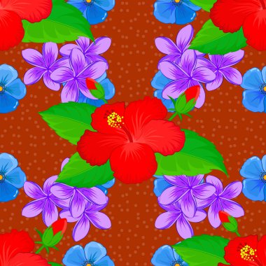 Şirin amber çiçeği deseni. Çizgili arka planda dikişsiz suluboya desen. Turuncu, kırmızı ve yeşil renkli vektör çiçek deseni.