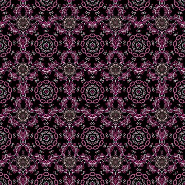 Kumaş, duvar kağıdı, arkaplan, davetiye, ambalaj ve kitap kapakları için tasarım. Vector vintage süsü. El çizimi çizimi. Şam, kırmızı ve pembe renklerde pürüzsüz desen. Doğulu tarzı.