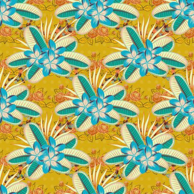 Mavi, sarı ve bej renklerde kusursuz el yapımı raster plumeria deseni..