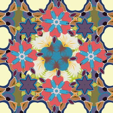 Oriental soyut vektör klasik kalıbı. Mavi, gri ve bej tekrarlayan elementlerle klasik dikişsiz desen.