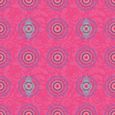 Raster illüstrasyonu. Damask pürüzsüz deseni pembe, mavi ve kırmızı renklerde.