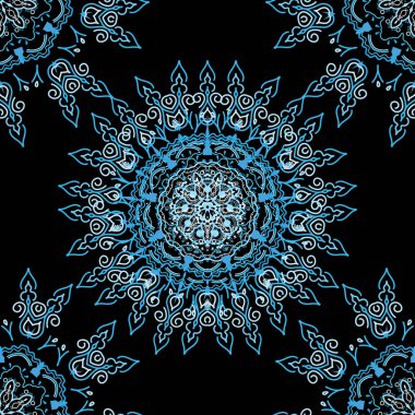 Kesik kağıt dantel dokusu, vektör tül arka plan, mavi renklerde girintisiz desen. Vektör illüstrasyonu.