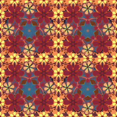 Vektör çizimi. Üzerinde turuncu, kırmızı ve kahverengi renkli şirin çiçekler olan bahar kağıdı. Çiçeksiz desen.