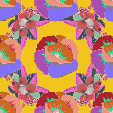 Soyut, soyut, çiçeksiz, mavi ve pembe renklerde klasik bir desen. Kesişen kıvrımlı zarif stilize yapraklar ve parşömenler soyut bir çiçek süsü oluşturuyorlar. Arabesk.