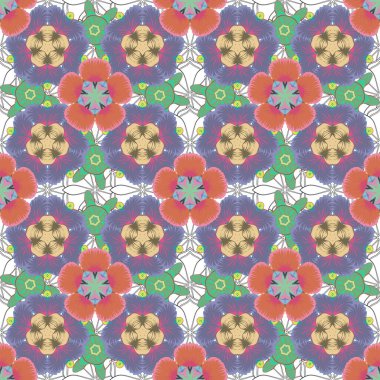 Mor, yeşil ve mor tekrarlayan elementlerle kusursuz soyut desen. Oriental vektör klasik desen.