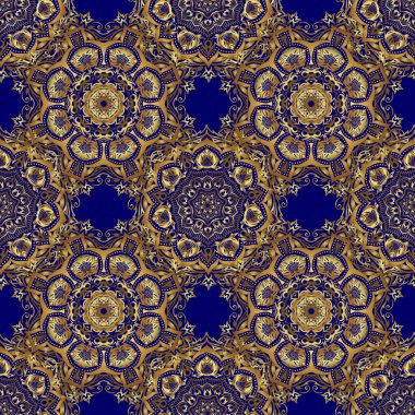 Çiçekli altın elementlerle doğu tarzında kusursuz bir desen. Kartlar için vektör çizimi, teşekkür mesajı, yazdırma. Mavi arkaplanda tasarım şablonu için klasik dikişsiz sınır ve ızgara.