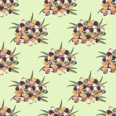 Vektör çizimi. Sarı, yeşil ve bej renkli karışık primula çiçekleriyle geleneksel Hint çiçeksiz deseni..