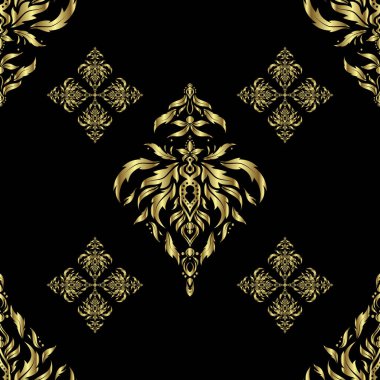 Altın folyo dokusu. Siyah arka planda soyut altın geometrik modern tasarım. Vektör parlak arkaplan. Art deco tarzı. Altın halkalar kusursuz desen.