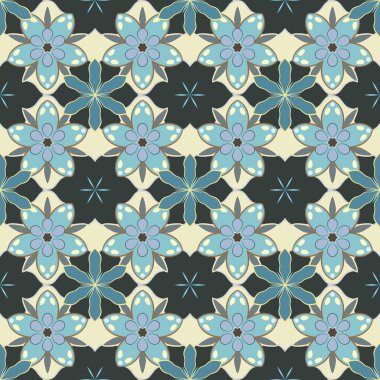 Vektör çizimi. El yapımı etnik doku, hayal gücünün uçuşu. Gri, mavi ve yeşil renklerde kusursuz soyut kabile deseni.