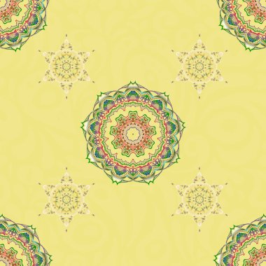 Vektör çizimi. Tasarım, tekstil veya kumaş için yeşil, mavi ve sarı renklerde vektörsüz desen.