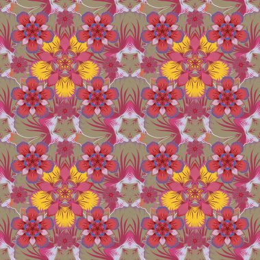 El yapımı vektör çizimi. Eski, dikişsiz desen. Kumaş, tekstil, iç mekan kırmızı, pembe ve bej renkleri için dekorasyon.