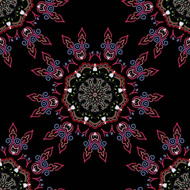 Siyah arka planda nötr, yeşil ve pembe pürüzsüz desen. Dekoratif simetri arabesk. Vektör tasarımı. Doğum günü kartı, davetiye ya da afiş için iyidir. Ortaçağ çiçek desenleri.