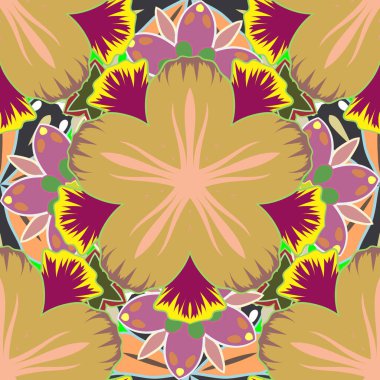 Vektör çizimi. Mor, pembe ve sarı renklerde biçimlendirilmiş çiçeklerle kusursuz çiçek deseni..