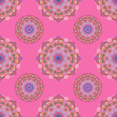 Sorunlu damasküler desensiz arka plan fayansları. Turuncu, mor ve kırmızı renklerde kusursuz süs..