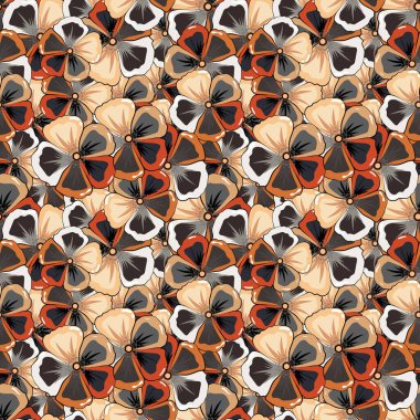 Bej, gri ve turuncu renkli kozmos çiçekleriyle kusursuz çiçek deseni. Vektör illüstrasyonu.