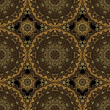 Vektör çizimi. Siyah arkaplanda altın gibi parlak süsler, pürüzsüz desenler, soyut şekiller.