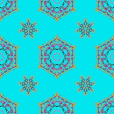 Mavi zemin üzerinde çok renkli elementler olan soyut, klasik, pürüzsüz desen. Vintage vektör süsü.