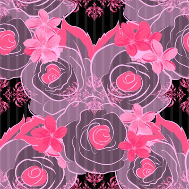 Hint batik tarzı gül çiçekleriyle klasik desen. Çiçek vektör geçmişi. Pembe, siyah ve gri güllerle kusursuz desen.