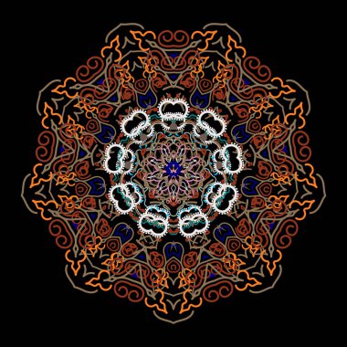 Vektör damaske mandala. Klasik lüks, eski moda İspanyol süsü duvar kağıtları, tekstil ve ambalajlar için kraliyet Victoria dönemi dokusu. Turuncu, kahverengi ve mavi renklerde zarif barok şablonu.