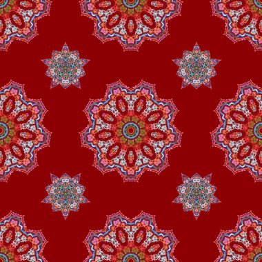 Kırmızı arkaplanda soyut çok renkli elementler. Vektör parlak metal yüzey pürüzsüz desen.