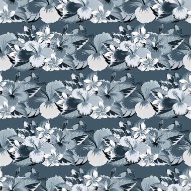 Vektör çizimi. Yaz modası, iç mekan, duvar kâğıdı. Kompozisyonda egzotik çiçekler. Mavi, gri ve yeşil renkli amberçiçeği olan kusursuz tropikal tasarım..