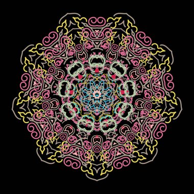 Ikat damaske desensiz arkaplan fayansı. Vektör çizimi. Pembe, mavi ve sarı renklerle.