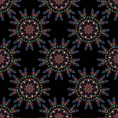 Süslü sınır. Vektör kusursuz desen. Kusursuz kumaş deseni, klasik duvar kağıdı, turuncu, nötr ve mor arka planda..