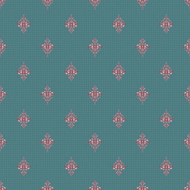 Vektör damaskesiz desen. Klasik lüks, eski moda İspanyol süsü, duvar kağıtları, tekstil ve ambalaj için kraliyet Victoria dönemi dikişsiz dokusu. Mavi ve kırmızı renklerde zarif barok şablonu.