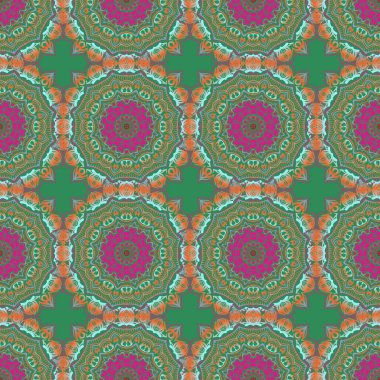 Vektör çizimi. Tasarım, tekstil veya kumaş için kırmızı, mavi ve turuncu renklerde vektörsüz desen.