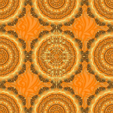 Turuncu ve altın renkli tekstil izleri. İslami vektör tasarımı Kusursuz desenli oryantal süs. Çiçek karoları.