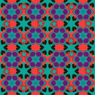 Kırmızı, mavi ve mor elementlerin biçimlendirilmiş kusursuz dokusu. Vektör illüstrasyonu.