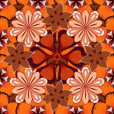 Kahverengi, turuncu ve bej renkli süslemeleri olan pürüzsüz bir desen..