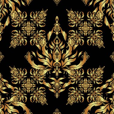 Kusursuz vektör altın süsü. Siyah arka planda altın tekrarlayan elementlerle modern geometrik kusursuz desen.