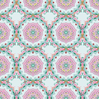 Kusursuz bir arka plan. Renkli desenler antika. Yeşil, pembe ve kahverengi renklerde çiçek süsü.