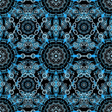 Damask, mavi renklerde çiçeksiz arkaplan deseni. Vektör illüstrasyonu.