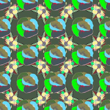 Soyut, soyut, yeşil ve mavi renklerde, dikişsiz bir desen. Kesişen kıvrımlı zarif stilize yapraklar ve parşömenler soyut bir çiçek süsü oluşturuyorlar. Arabesk.